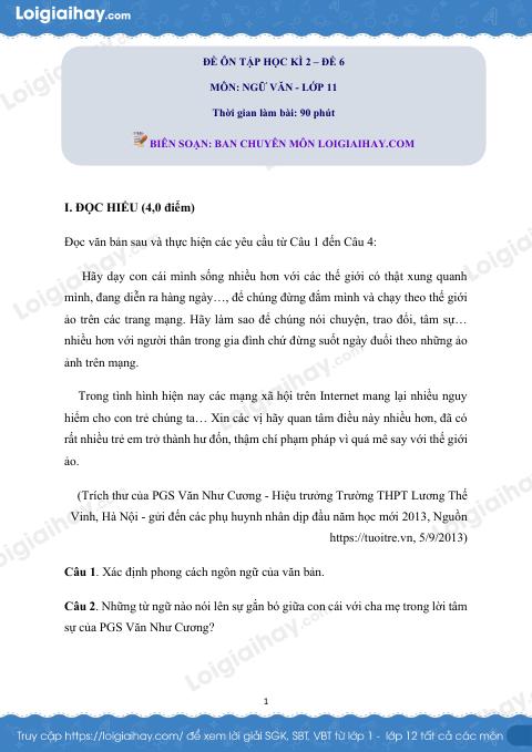 Đề số 6 - Đề kiểm tra học kì 2 - Ngữ văn 11